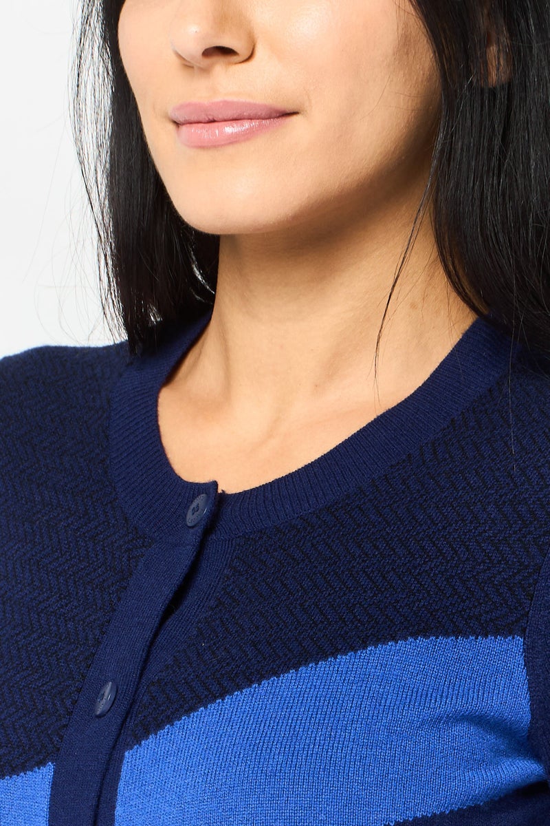 LACOSTE Women Crew Neck Embroidered Logo Long Sleeve Cardigan, Navy Blue - Image 3