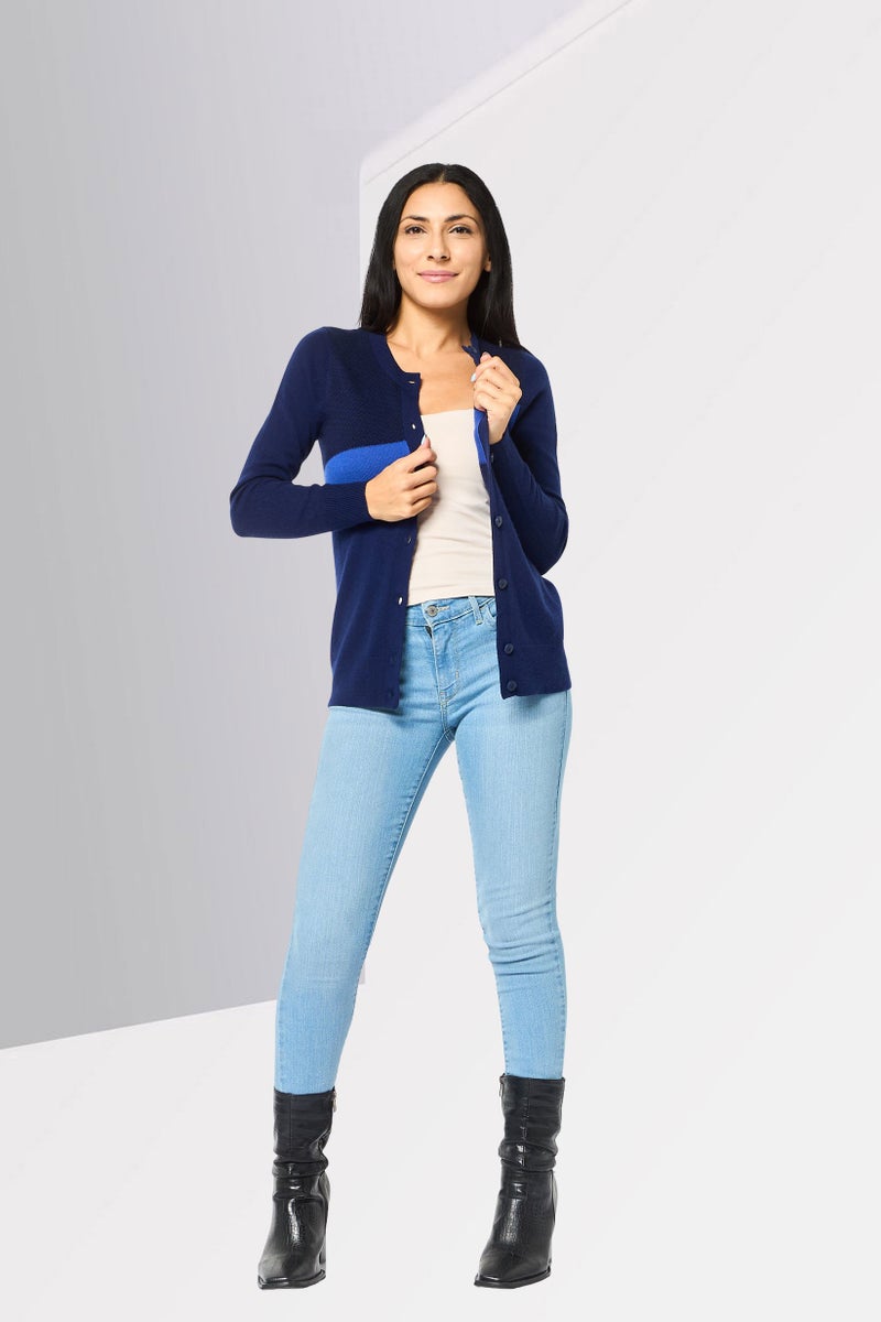 LACOSTE Women Crew Neck Embroidered Logo Long Sleeve Cardigan, Navy Blue - Image 2