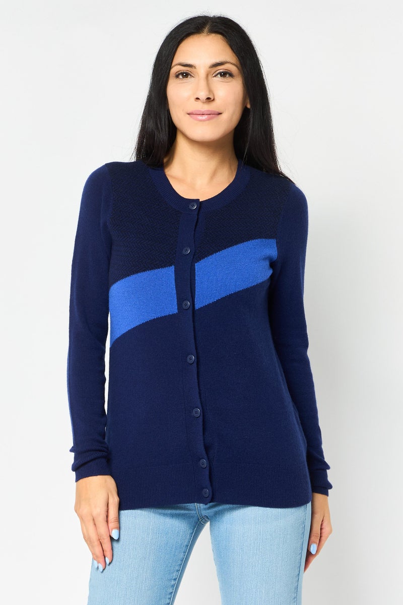 LACOSTE Women Crew Neck Embroidered Logo Long Sleeve Cardigan, Navy Blue - Image 1
