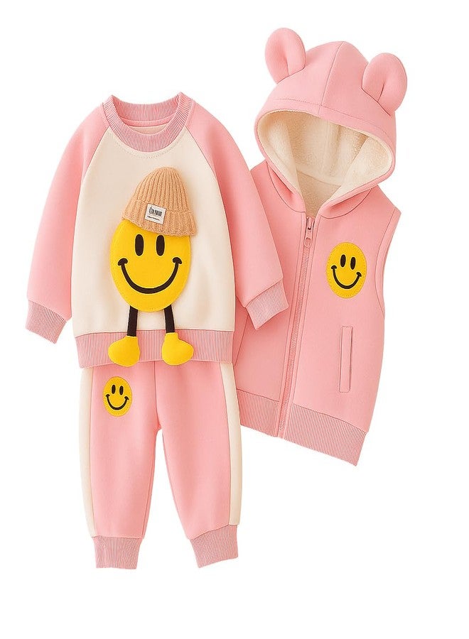 Bold N Elegant 3d Happy Smile Face Cartoon Winter Warm Hoodied Jacket Sweatshirt and Pajamas 3 Pc Layering Party Clothing Set for Infant Toddler Kids (Pink, 12-18 Months) - Image 2