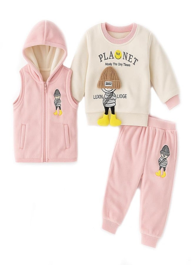 Bold N Elegant 3d Happy Smile Face Cartoon Winter Warm Hoodied Jacket Sweatshirt and Pajamas 3 Pc Layering Party Clothing Set for Infant Toddler Kids (Pink, 12-18 Months) - Image 1
