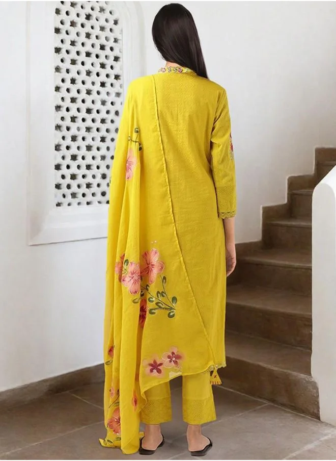 آي شين Elastic Women Mustard Cotton Kurta Set with Embroidered pattern Tunic and Palazzo features a Round neckline and Three-Fourth Sleeve secured with Elastic closure and styled in Straight Fit ideal for Festive moments — perfect for fashion-forward occasions.