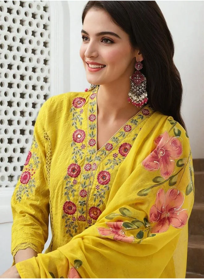 ISHIN Elastic Women Mustard Cotton Kurta Set with Embroidered pattern Tunic and Palazzo features a Round neckline and Three-Fourth Sleeve secured with Elastic closure and styled in Straight Fit ideal for Festive moments — perfect for fashion-forward occasions.