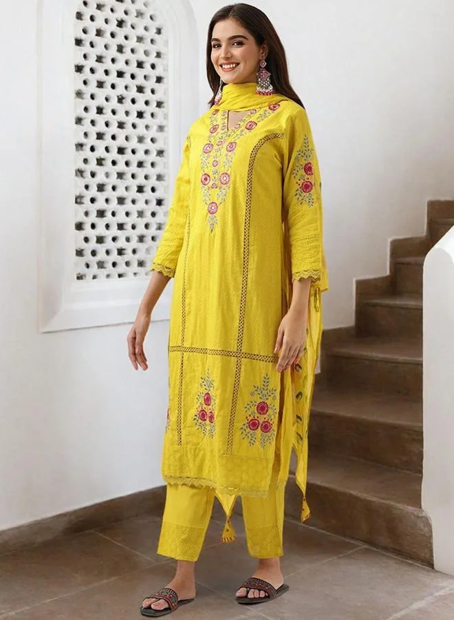 آي شين Women's Mustard 100% Cotton Embroidered Tunic Full Length Palazzo Straight Fit Kurta Set
