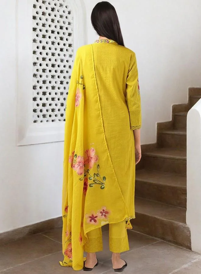 آي شين Women's Mustard 100% Cotton Embroidered Tunic Full Length Palazzo Straight Fit Kurta Set