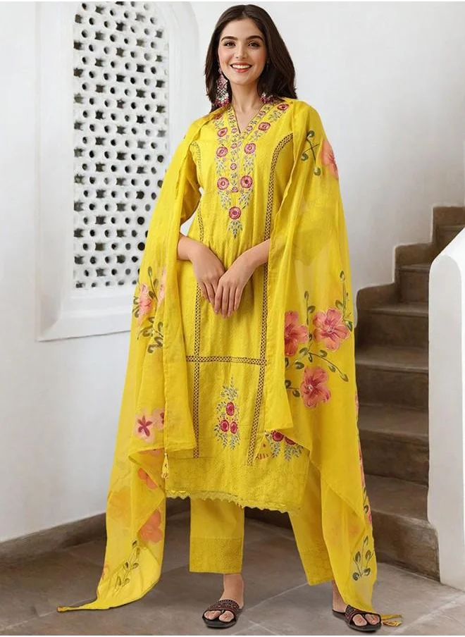 ISHIN Elastic Women Mustard Cotton Kurta Set with Embroidered pattern Tunic and Palazzo features a Round neckline and Three-Fourth Sleeve secured with Elastic closure and styled in Straight Fit ideal for Festive moments — perfect for fashion-forward occasions.