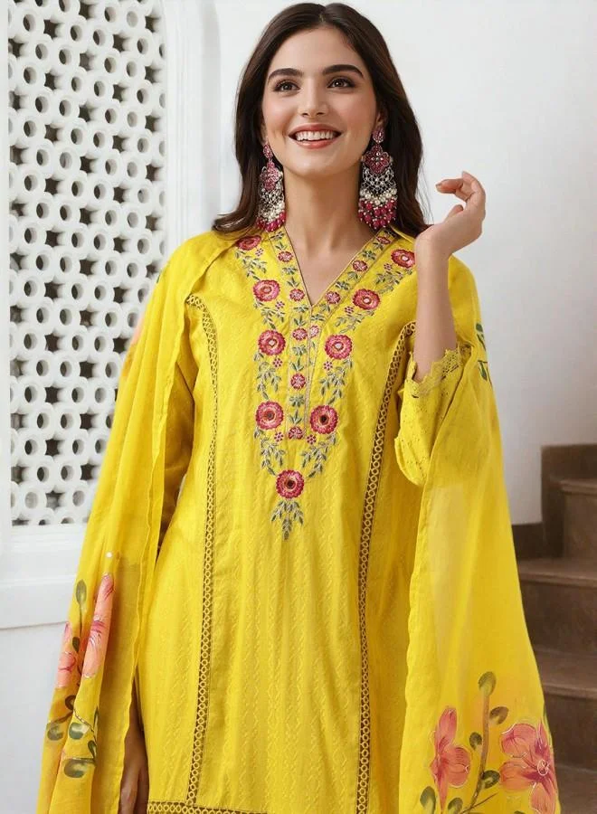 آي شين Women's Mustard 100% Cotton Embroidered Tunic Full Length Palazzo Straight Fit Kurta Set
