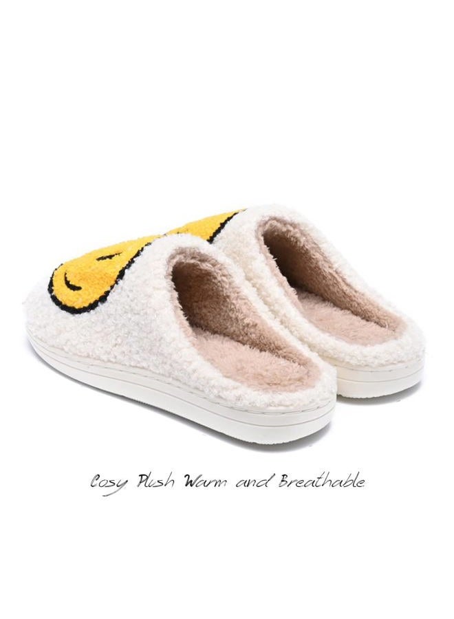 AIMINUO Women's Men's Retro Preppy Happy Face Slippers Comfy Warm Plush Slip-On House Slipper for Winter Indoor Soft Cushion Non-slip Fluffy Slides Slippers, White-yellow, 7-7.5 Women/6.5-7 Men - Image 3