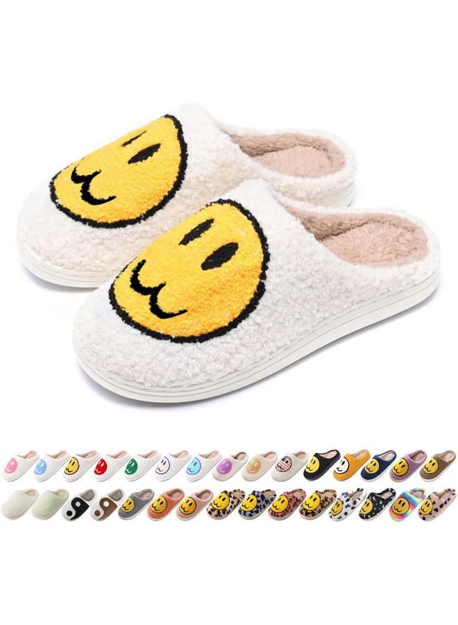 AIMINUO Women's Men's Retro Preppy Happy Face Slippers Comfy Warm Plush Slip-On House Slipper for Winter Indoor Soft Cushion Non-slip Fluffy Slides Slippers, White-yellow, 7-7.5 Women/6.5-7 Men - Image 1