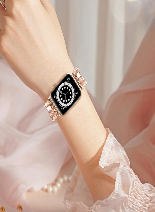 MOFREE Beaded Band for Women Compatible with Apple Watch 38mm 40mm 41mm 42mm, Fashion Crystal Elastic Straps Wristbands for iWatch Bands Series 11/10/9/8/7/SE/6/5/4/3/2/1 (Rose Gold/Yellowish) - Image 4