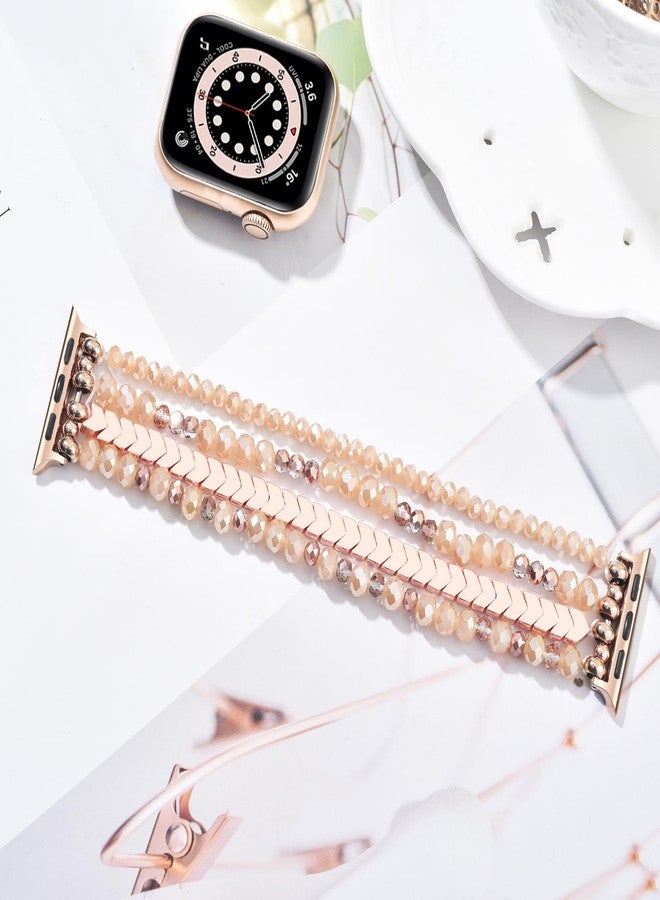 MOFREE Beaded Band for Women Compatible with Apple Watch 38mm 40mm 41mm 42mm, Fashion Crystal Elastic Straps Wristbands for iWatch Bands Series 11/10/9/8/7/SE/6/5/4/3/2/1 (Rose Gold/Yellowish) - Image 5