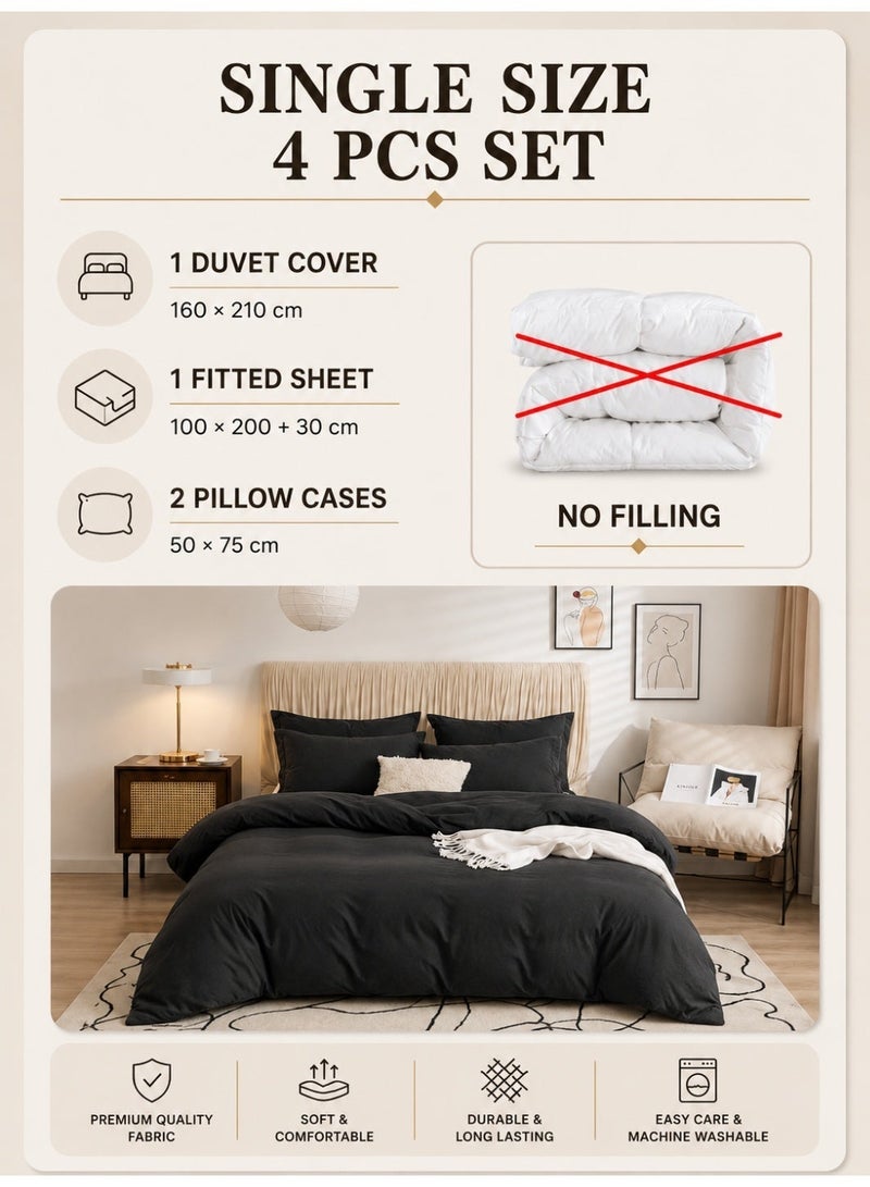 LUNA Home Single Size 4 Pieces Bedding Set Washable Cotton Black - Image 2
