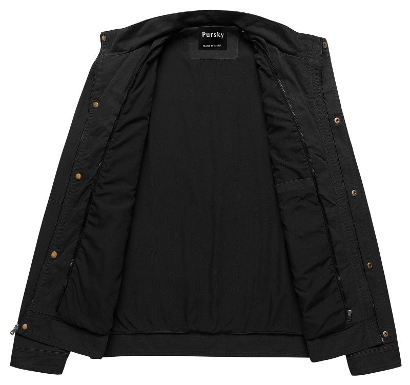 Pursky Men's Cotton Stand Collar Lightweight Work Bomber Jacket Fashion Clothes Black L - Image 4