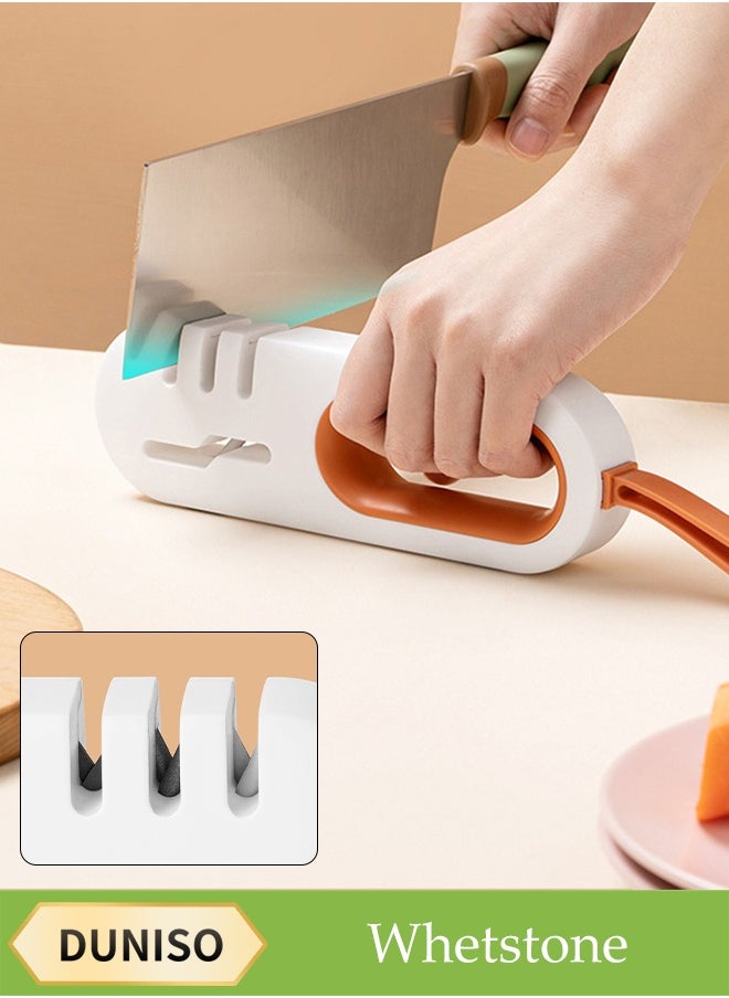DUNISO 4-in-1 Multifunctional Sharpening Stone，Household Sharpener，Quick Sharpening Effect，Compact and Convenient，Can Sharpen Kitchen Knives, Scissors, Fruit Knives, etc，White and Orange  - Image 1
