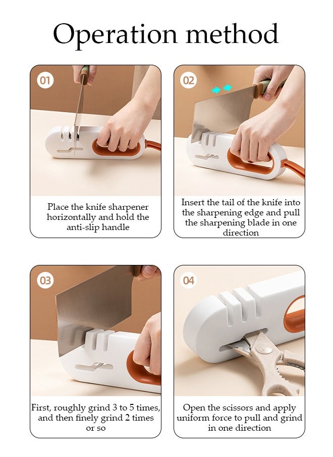 4-in-1 Multifunctional Sharpening Stone，Household Sharpener，Quick Sharpening Effect，Compact and Convenient，Can Sharpen Kitchen Knives, Scissors, Fruit Knives, etc，White and Orange