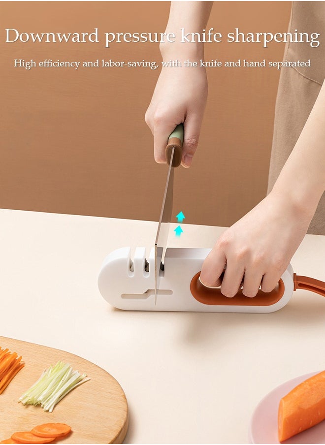 4-in-1 Multifunctional Sharpening Stone，Household Sharpener，Quick Sharpening Effect，Compact and Convenient，Can Sharpen Kitchen Knives, Scissors, Fruit Knives, etc，White and Orange