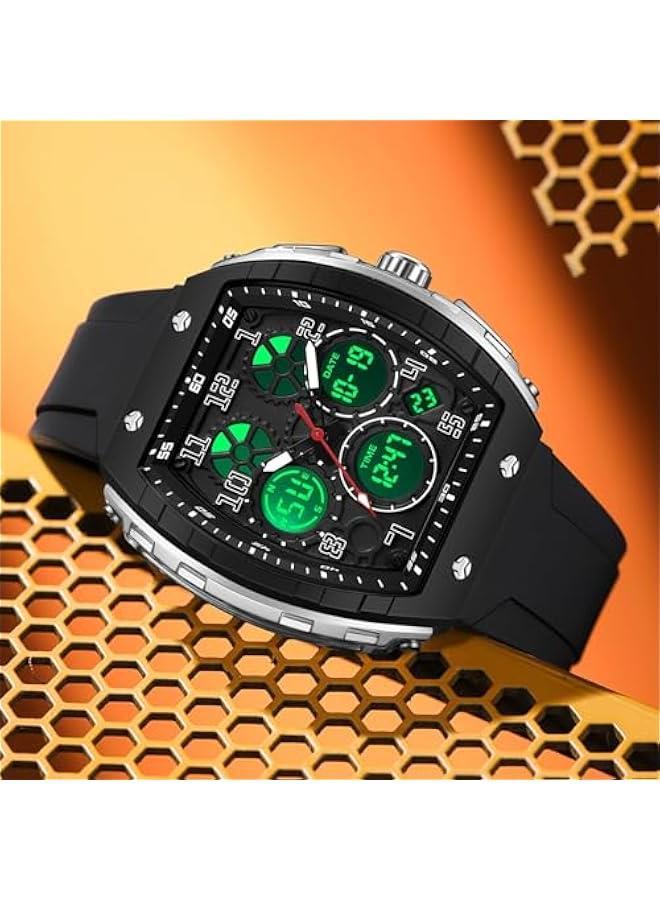 Designer Watches for Men Unique Rectangle Dial White Wristwatch with Digital Analog Dual Time Display Countdown Stopwatch Punk Cool Design 5ATM Waterproof  - Image 2