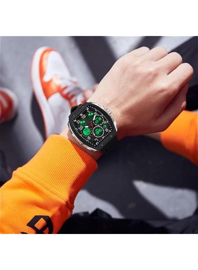 Designer Watches for Men Unique Rectangle Dial White Wristwatch with Digital Analog Dual Time Display Countdown Stopwatch Punk Cool Design 5ATM Waterproof  - Image 3