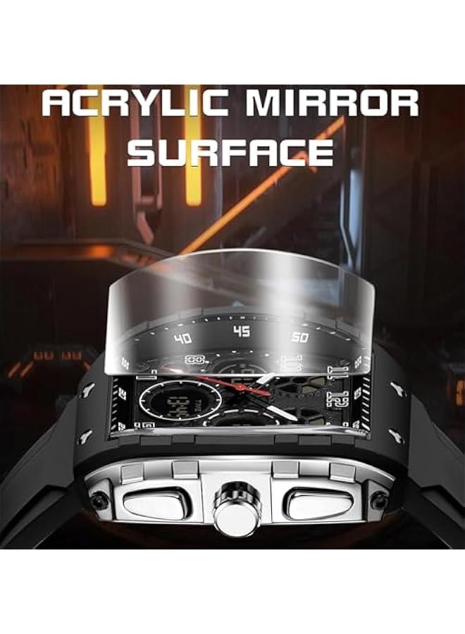 Designer Watches for Men Unique Rectangle Dial White Wristwatch with Digital Analog Dual Time Display Countdown Stopwatch Punk Cool Design 5ATM Waterproof  - Image 4