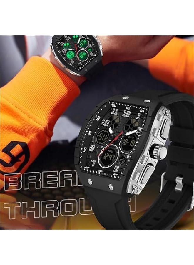 Designer Watches for Men Unique Rectangle Dial White Wristwatch with Digital Analog Dual Time Display Countdown Stopwatch Punk Cool Design 5ATM Waterproof  - Image 5