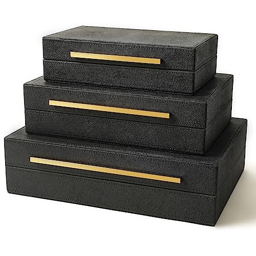 Sanfubox Modern Decorative Box Faux Shagreen Leather, Decorative Storage Boxes with Lids for Home Decor, Large Multifunctional Storage Jewelry Box Organizer(black 3PCS) - Image 2