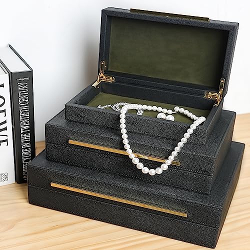 Sanfubox Modern Decorative Box Faux Shagreen Leather, Decorative Storage Boxes with Lids for Home Decor, Large Multifunctional Storage Jewelry Box Organizer(black 3PCS) - Image 5