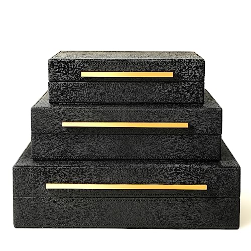 Sanfubox Modern Decorative Box Faux Shagreen Leather, Decorative Storage Boxes with Lids for Home Decor, Large Multifunctional Storage Jewelry Box Organizer(black 3PCS) - Image 1