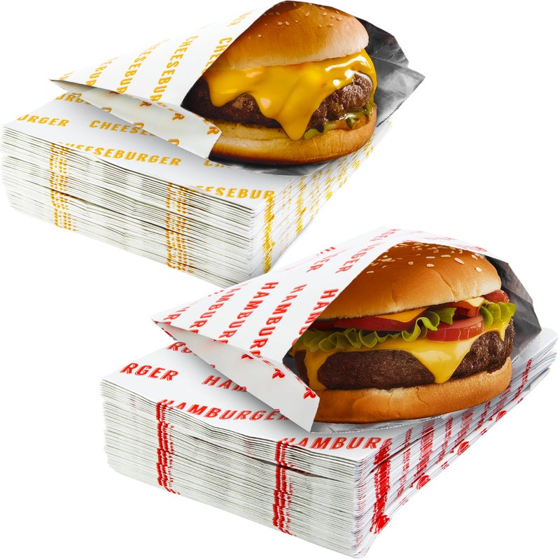 Avant Grub Retro Grease Proof Burger Wrappers Combo 200pk Insulated Pro Quality Bulk Hamburger and Cheeseburger Bags are BPA Free Large Allergen Friendly BBQ Foil Paper Great Cooking Supply For Themed Party
