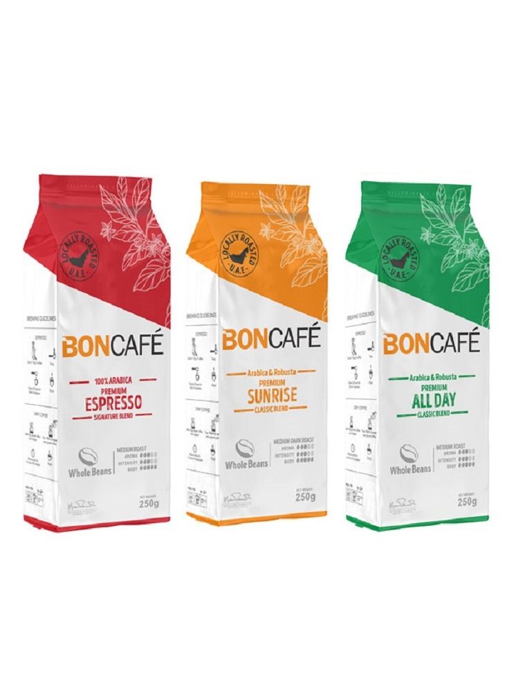 بون كافيه Boncafe Locally Roasted Premium - Espresso Coffee, All Day Coffee & Sunrise Coffee Blends 250Gm - Pack of 3 - Whole Coffee Beans - Image 1