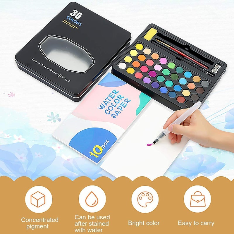 ARROLLIANT Watercolor Paint Set 36 Colors, Artist Paint Cakes Block Set with Water Colour Paper, Brush, Water Brush Pen, Tin Box - Image 5