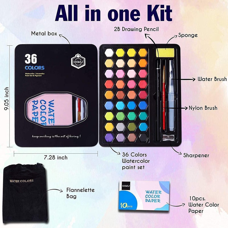 ARROLLIANT Watercolor Paint Set 36 Colors, Artist Paint Cakes Block Set with Water Colour Paper, Brush, Water Brush Pen, Tin Box - Image 4