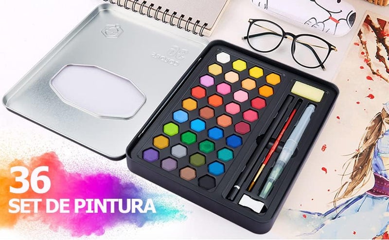 ARROLLIANT Watercolor Paint Set 36 Colors, Artist Paint Cakes Block Set with Water Colour Paper, Brush, Water Brush Pen, Tin Box - Image 3