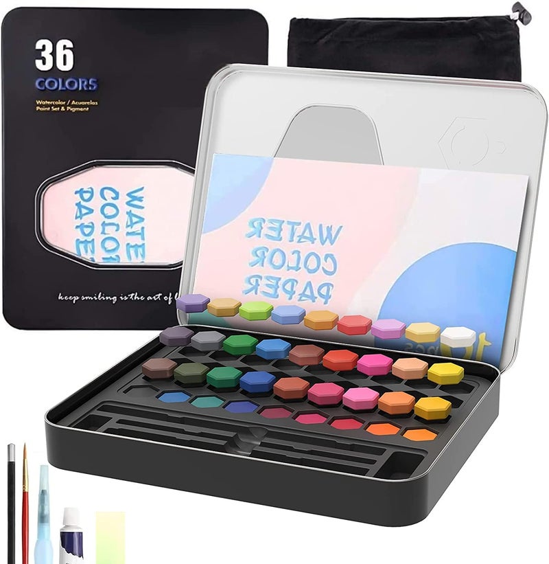 ARROLLIANT Watercolor Paint Set 36 Colors, Artist Paint Cakes Block Set with Water Colour Paper, Brush, Water Brush Pen, Tin Box - Image 1