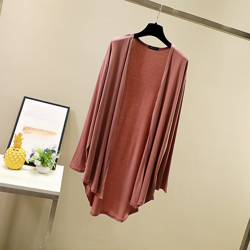Spring and summer new modal womens cardigan long solid color thin coat large size loose long sleeve exterior Lotus root starch 