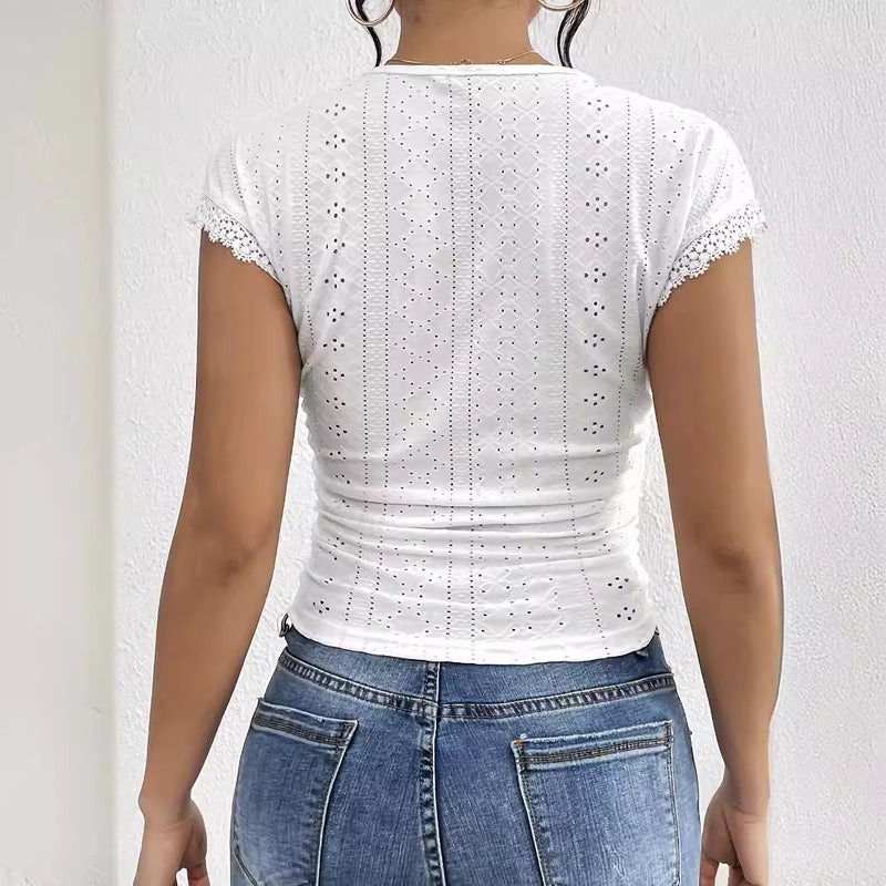 Women's Lace Patch V-Neck Short Sleeve T-Shirt - Image 2