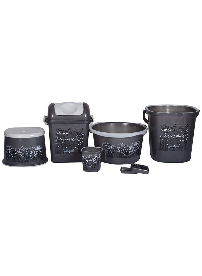 NAYASA Nayasa Funk Plastic Bathroom Bathing Pc with Bucket Mug Deep Bucket Crown Patla Dustbin and Soap Dish Grey Set of 6  - Image 1