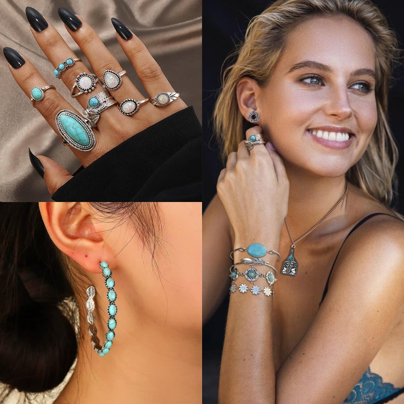 MEDOJO 26 Pcs Boho Jewelry Set for Women Bohemian Layered Western Necklace Stackable Turquoise Ring Turquoise Hoop Dangle Earrings Studs - Image 4