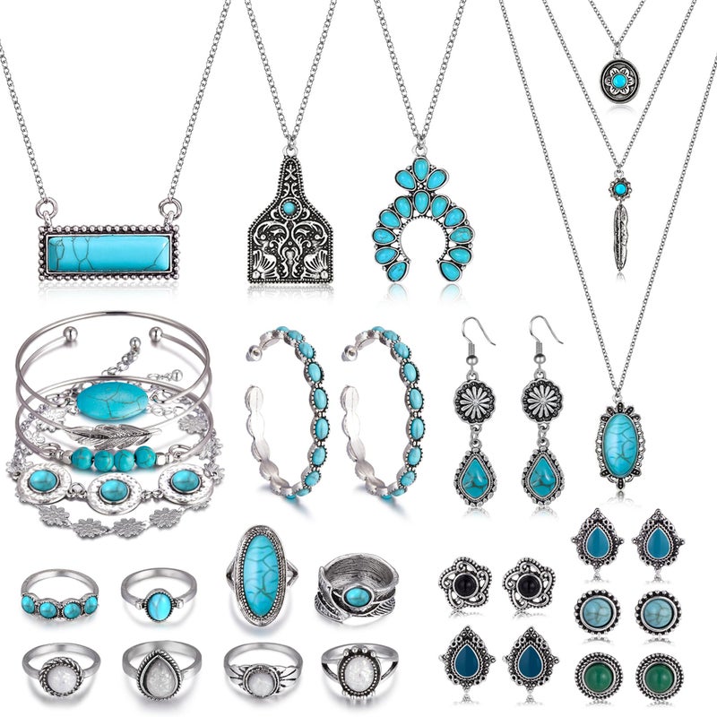 MEDOJO 26 Pcs Boho Jewelry Set for Women Bohemian Layered Western Necklace Stackable Turquoise Ring Turquoise Hoop Dangle Earrings Studs - Image 1