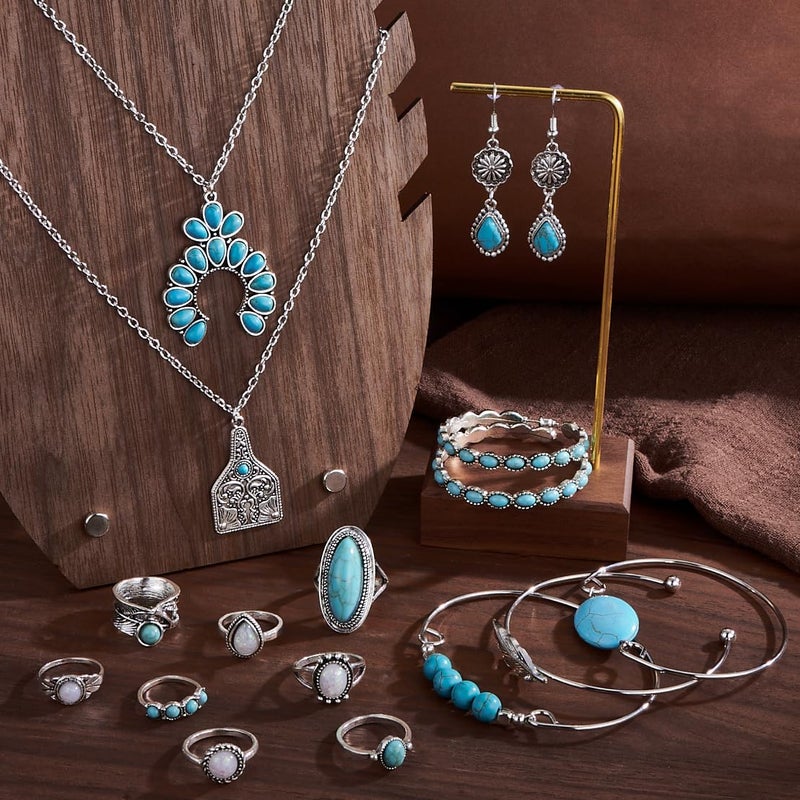 MEDOJO 26 Pcs Boho Jewelry Set for Women Bohemian Layered Western Necklace Stackable Turquoise Ring Turquoise Hoop Dangle Earrings Studs - Image 5