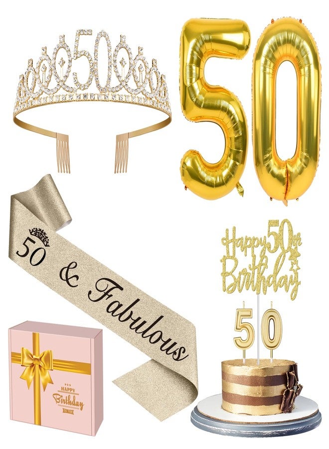 YeohJoy 50th Birthday Decorations for Women Gold with 50th Birthday Sash and Tiara, Cake Topper and Candles, Number Balloons, 50 Year Old Gifts for Women - Image 1