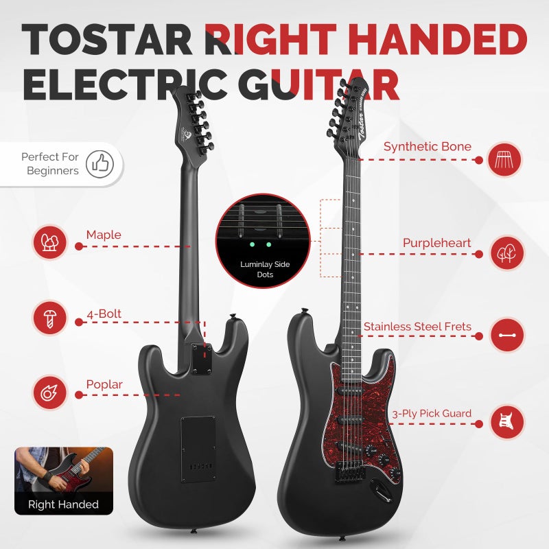 Tostar Electric Guitar Kit for Beginners with Amp SSS Pickup Black Electric Guitars with Gig Bag,Capo,Tremolo,Tuner, Strap, Picks Stratocaster 39" Full Size Heavy Metal 6 String for Gifts - Image 2