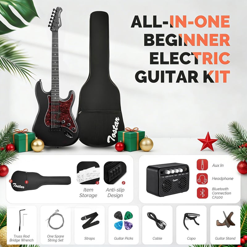 Tostar Electric Guitar Kit for Beginners with Amp SSS Pickup Black Electric Guitars with Gig Bag,Capo,Tremolo,Tuner, Strap, Picks Stratocaster 39" Full Size Heavy Metal 6 String for Gifts - Image 4