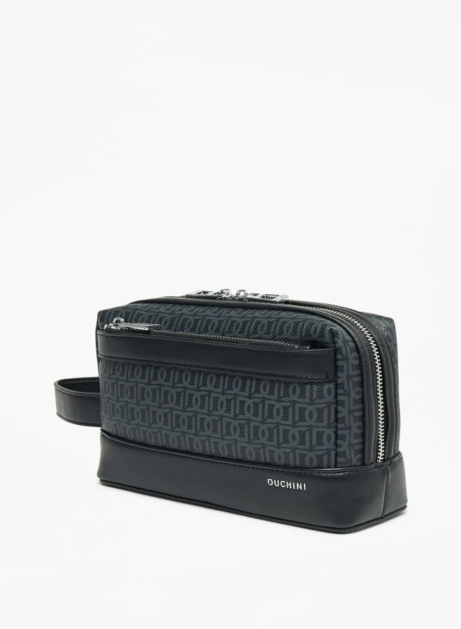 دوتشيني Duchini Monogram Print Pouch with Wrist Handle and Zip Closure