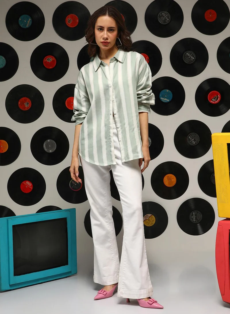 Campus Sutra Women's Sage Green Halo-Striped Oversized Shirt For Casual Wear | Spread Collar | Long Sleeves | Button Closure | Oversized Shirt Crafted With Comfort Fit For Everyday Wear