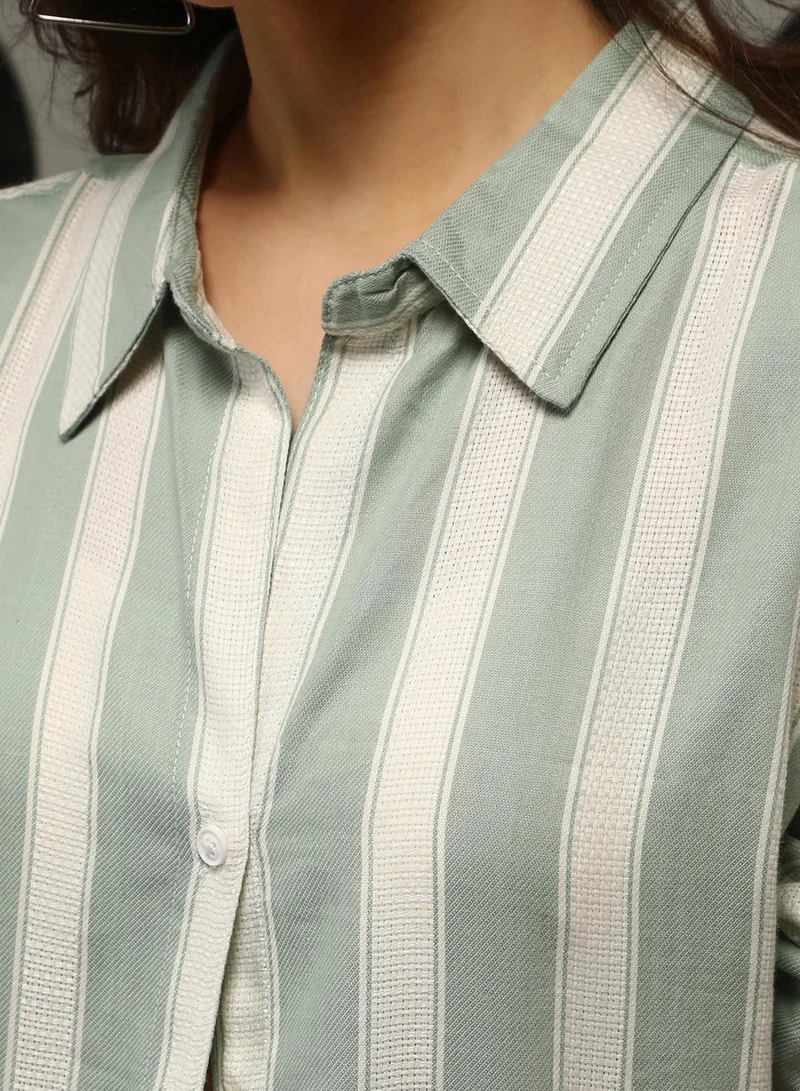 Campus Sutra Women's Sage Green Halo-Striped Oversized Shirt For Casual Wear | Spread Collar | Long Sleeves | Button Closure | Oversized Shirt Crafted With Comfort Fit For Everyday Wear