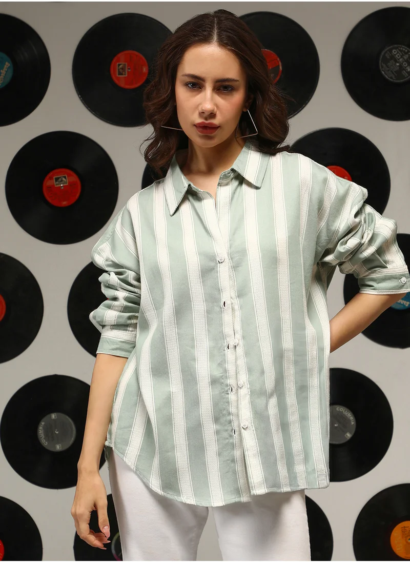 Campus Sutra Women's Sage Green Halo-Striped Oversized Shirt