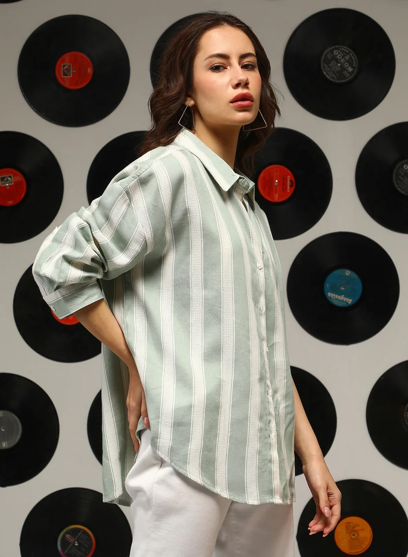 Campus Sutra Women's Sage Green Halo-Striped Oversized Shirt For Casual Wear | Spread Collar | Long Sleeves | Button Closure | Oversized Shirt Crafted With Comfort Fit For Everyday Wear