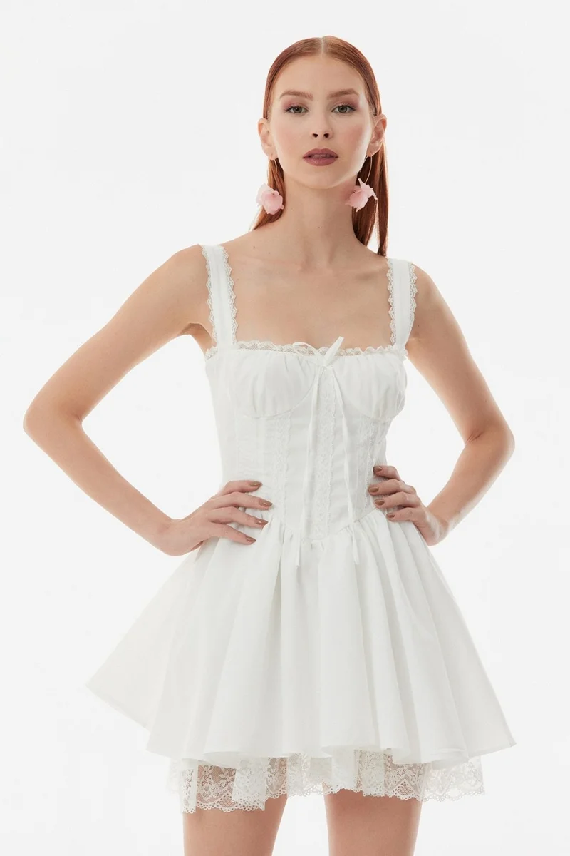 FullaModa Lace Detailed Side Zipper Mini Dress