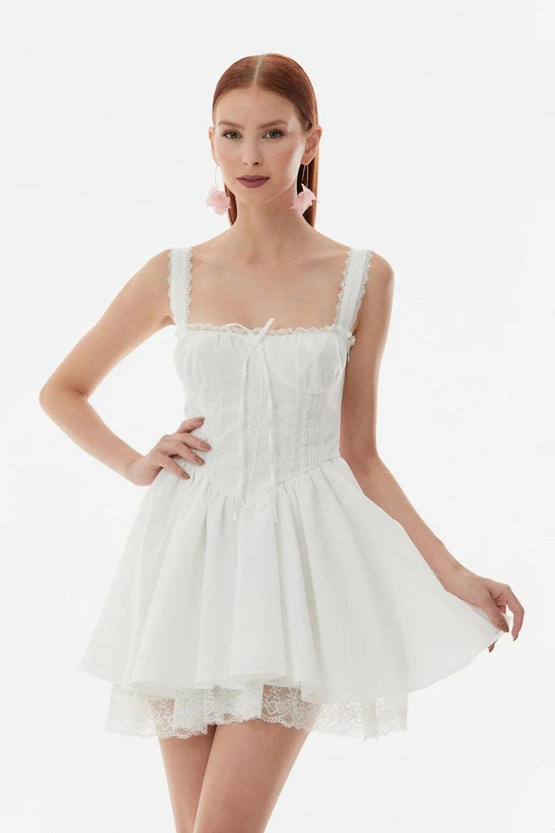FullaModa Lace Detailed Side Zipper Mini Dress