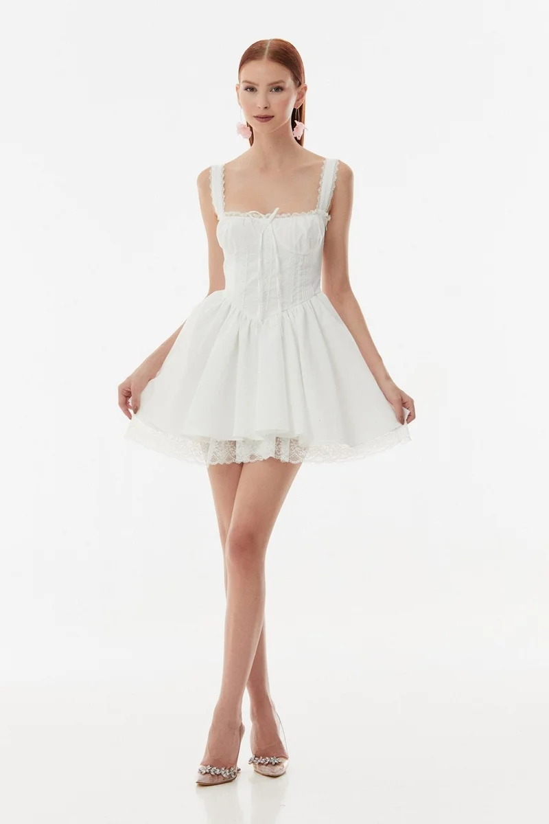FullaModa Lace Detailed Side Zipper Mini Dress